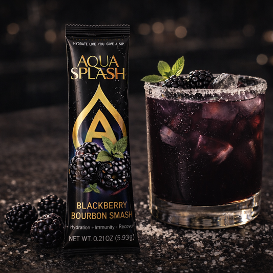 AquaSplash Blackberry Bourbon Smash packet with drink